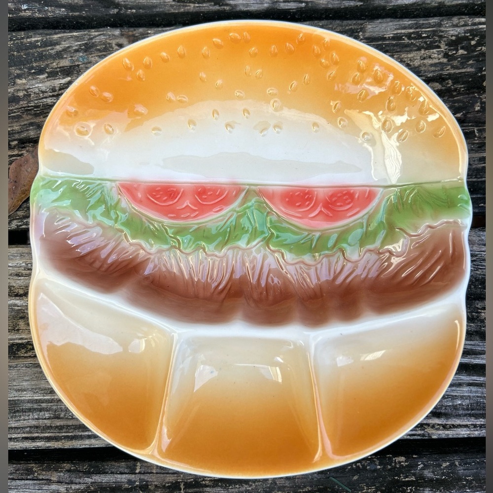 Vintage MSR Imports Ceramic Hamburger 4-Section Divided Serving DISH Tray 11x10½
